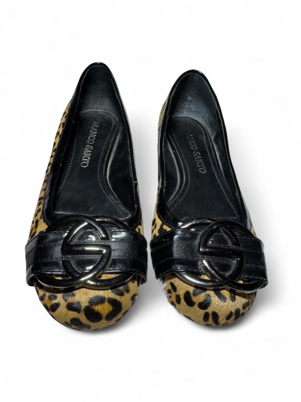 Franco Sarto Leopard Print calf hair Ballet Flats with Black buckle detail